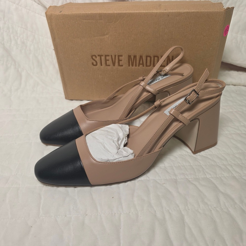 Steve Madden Becka Cap Toe Slingback Pumps Mules Tan Black Womens 11 NEW